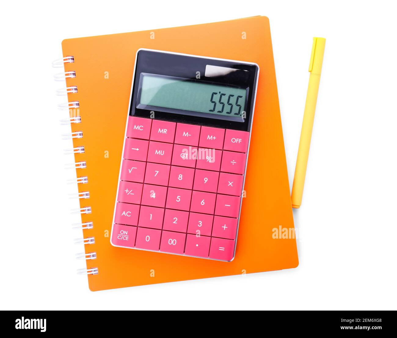 Modern calculator, pen and notebook on white background Stock Photo - Alamy