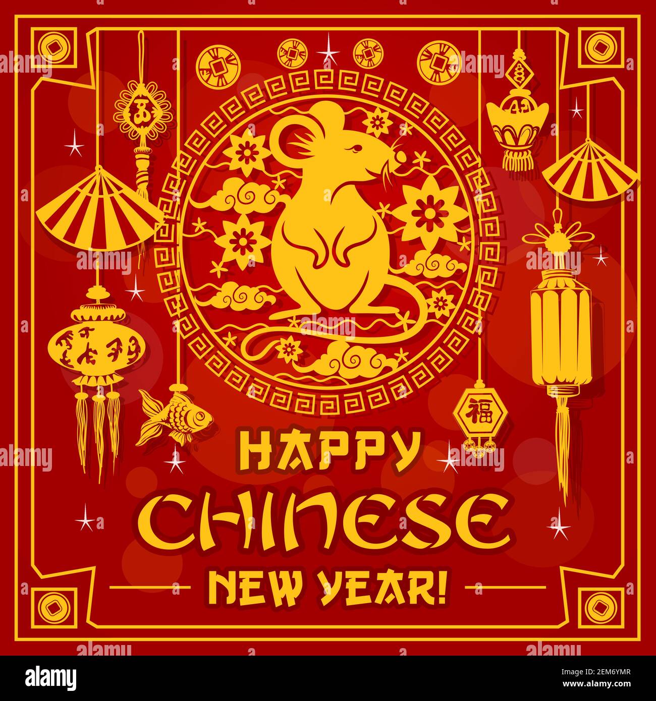 Chinese New Year papercut rat, golden coins and paper light lanterns with sparkling stars. Happy Chinese New Year paper cut hieroglyphs with fans, gol Stock Vector