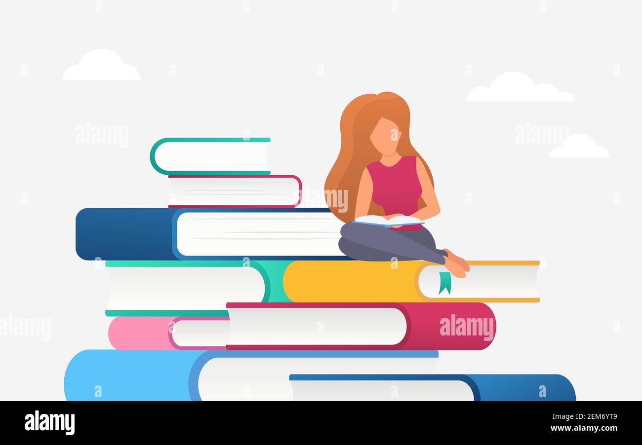 Woman reading, education knowledge concept vector illustration. Cartoon bookreader student female character studying, girl sitting on big pile literature books from library or bookstore background Stock Vector