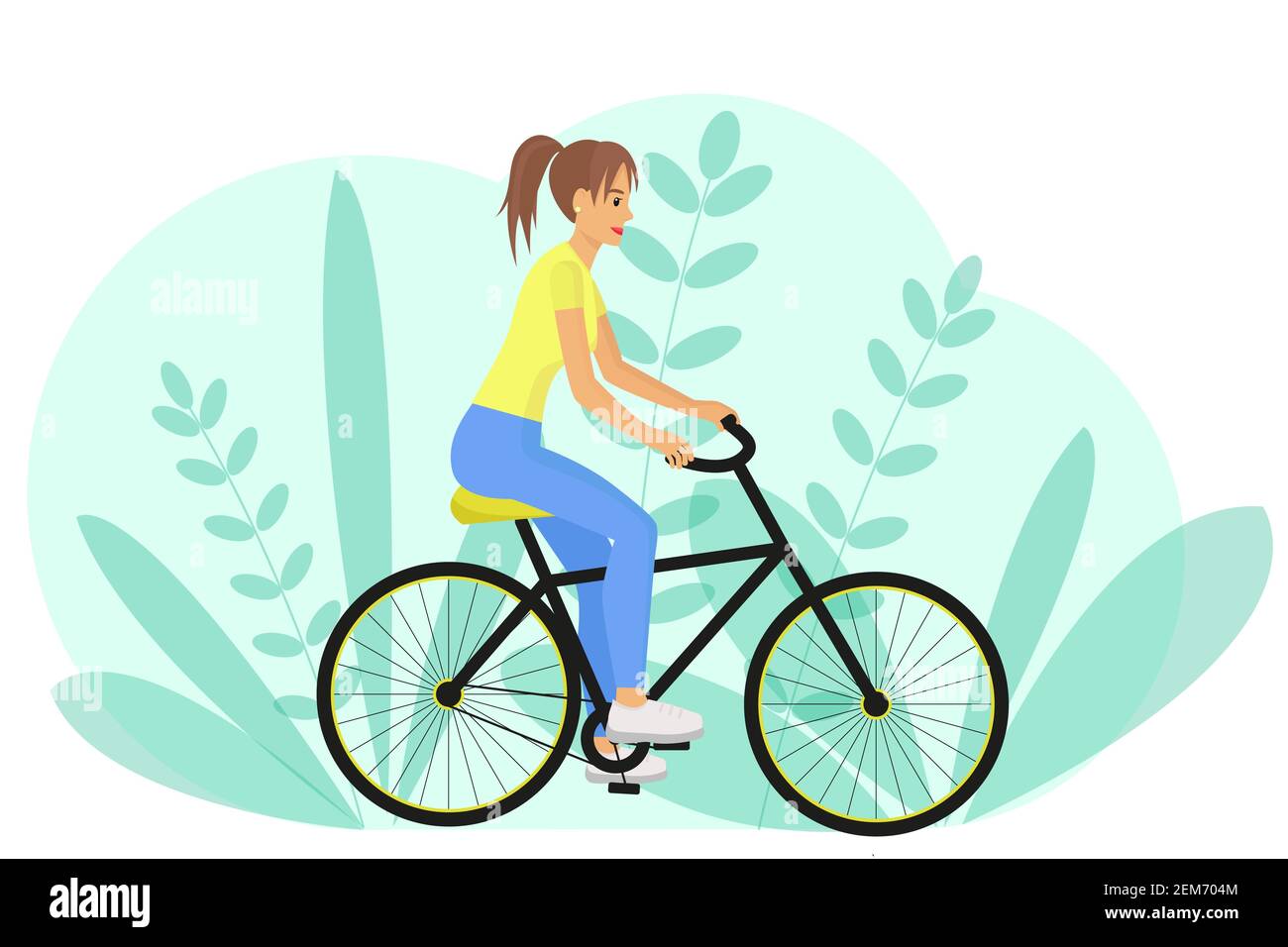 mikrobølgeovn Forladt Løb The girl rides a bike. Vector. Side view, woman riding a bike. Do sport.  Rest at nature. Cartoon concept Stock Vector Image & Art - Alamy