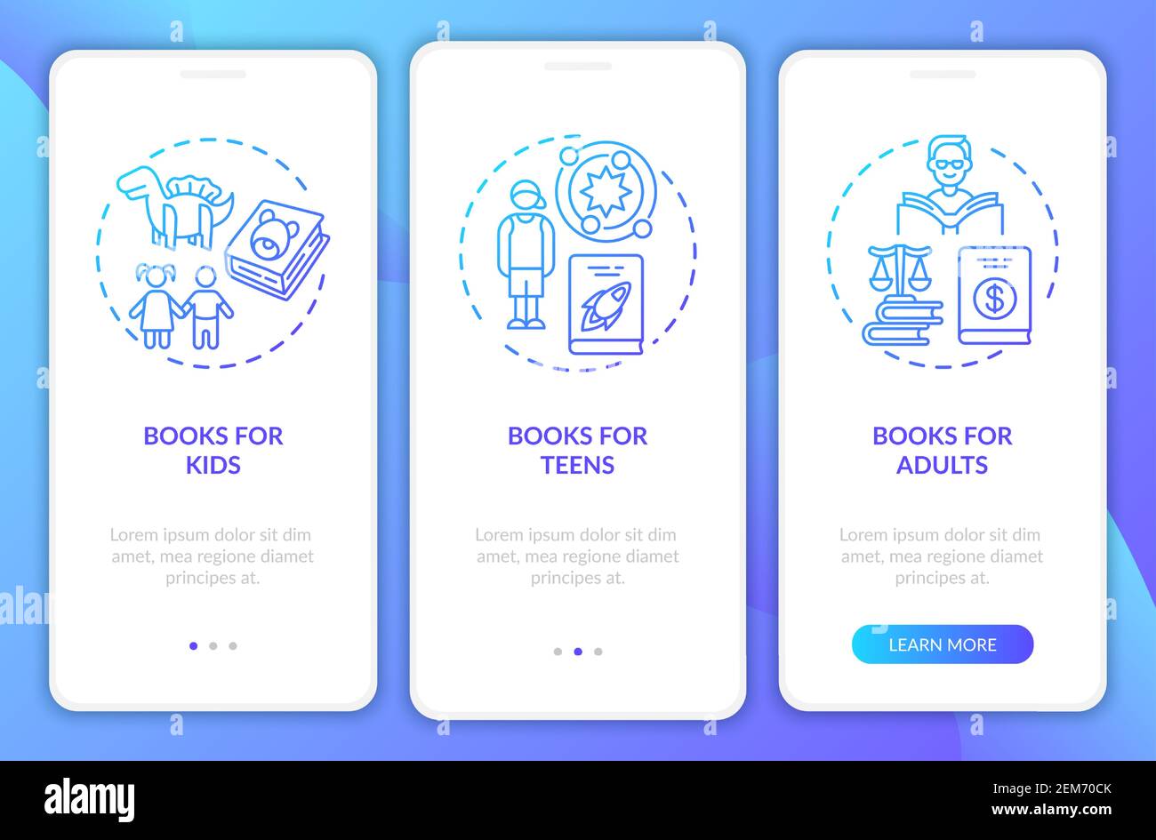 Online library categories onboarding mobile app page screen with concepts Stock Vector