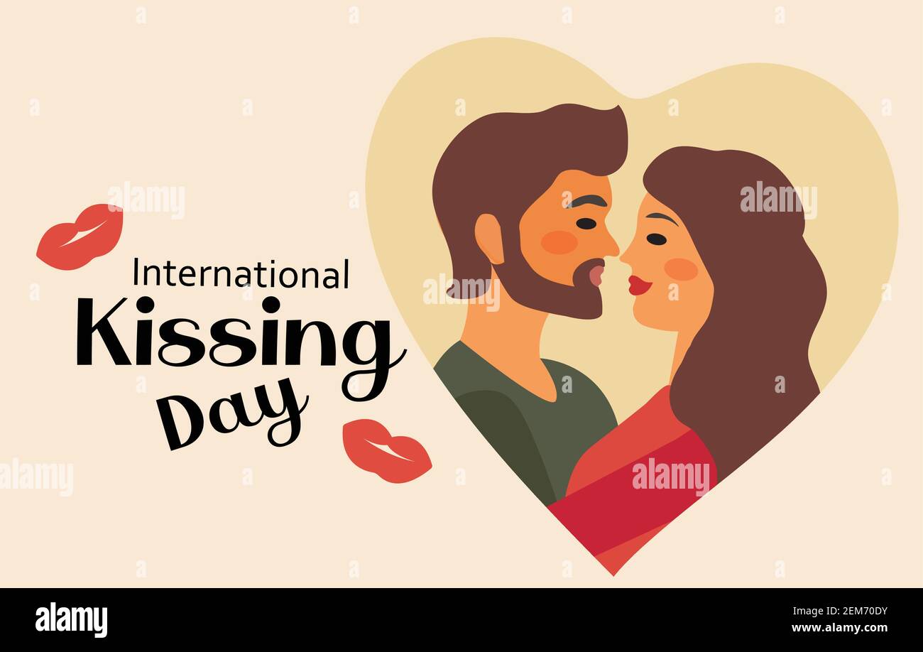 World kiss day postcard. International kissing day couple in love, romance, lovers. Vector illustration Stock Vector