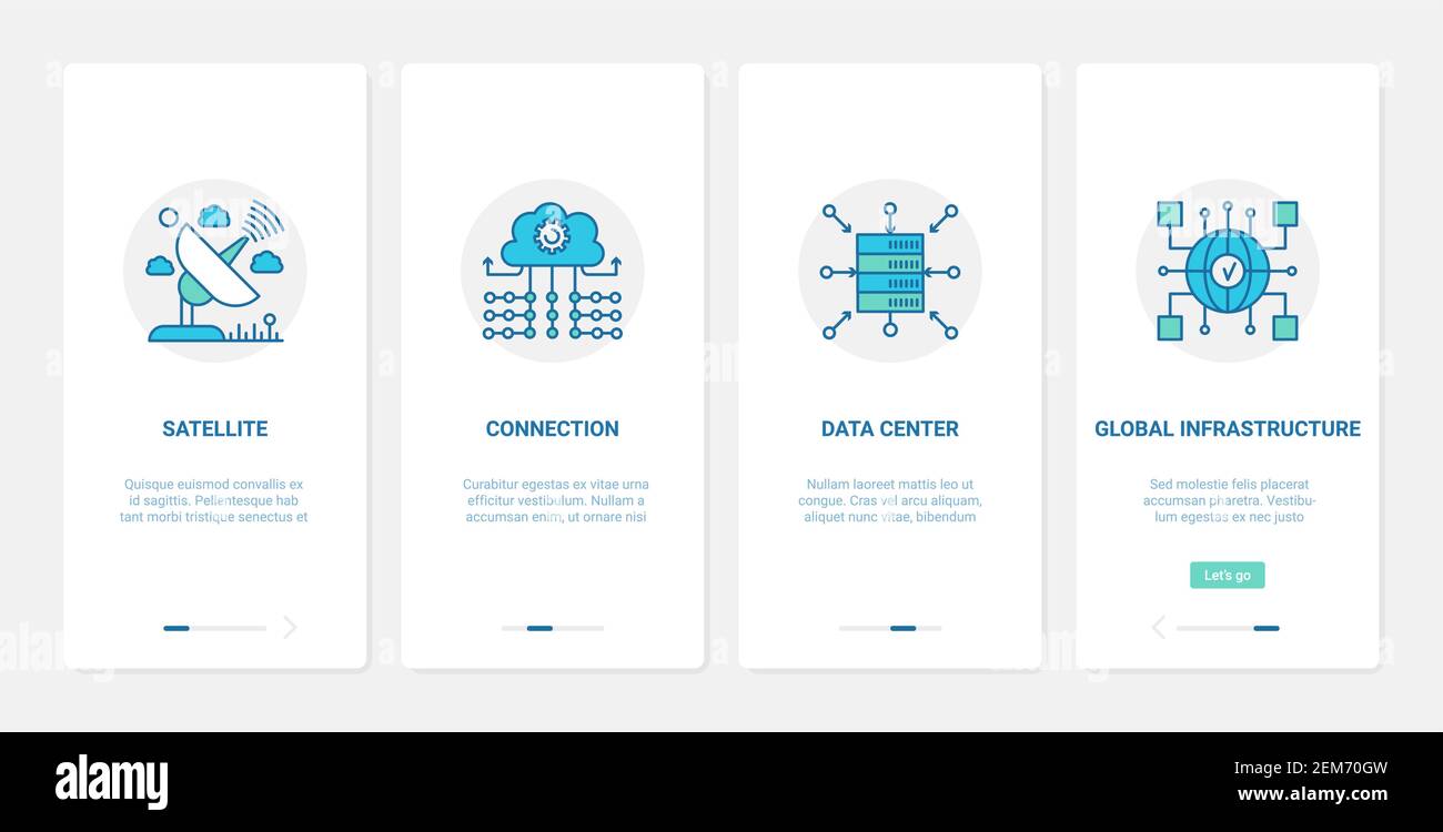 Satellite connection, cloud data infrastructure vector illustration. UX, UI onboarding mobile app page screen set with line datacenter server digital technology, wireless signals connect to network Stock Vector