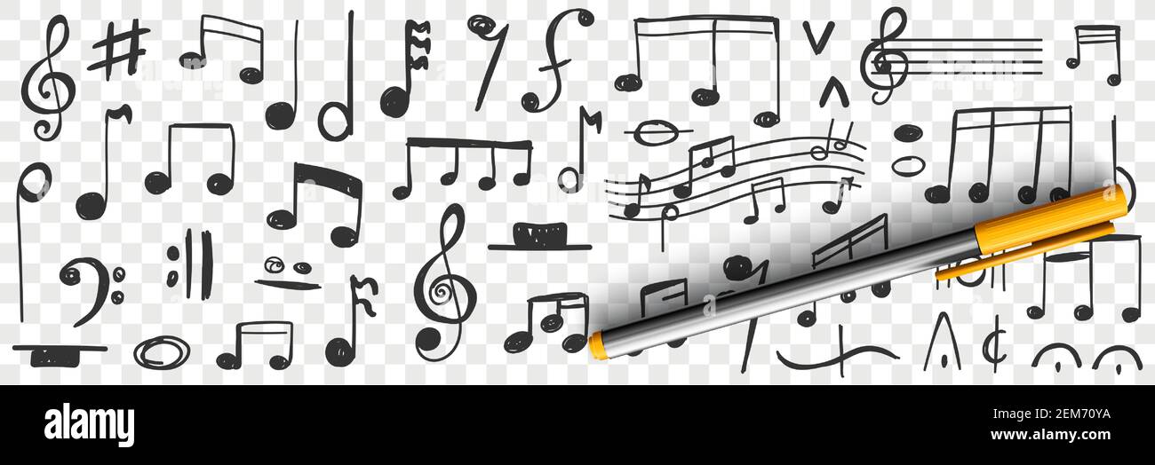 Musical notes drawings doodle set. Collection of hand drawn musical notation with notes treble clef bass clef stave and notes for writing music and education isolated on transparent background Stock Vector