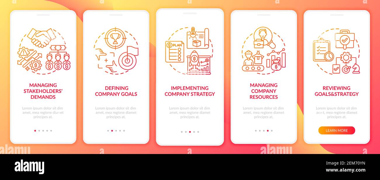Top management tasks onboarding mobile app page screen with concepts Stock Vector