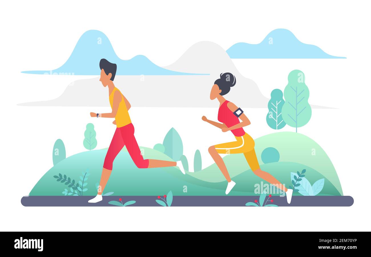 People run in park green landscape, jogging outdoor sport workout vector  illustration. Cartoon woman man sportive characters running, runners  training to marathon. Healthy lifestyle isolated on white Stock Vector  Image & Art -
