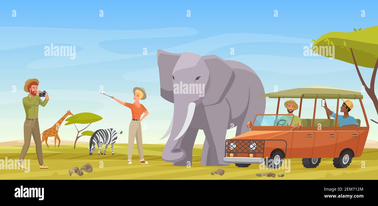 African safari travel adventure vector illustration. Cartoon man woman travelers making selfie photo with wild elephant animal, exotic tour to tropical savanna in National park of Africa background Stock Vector