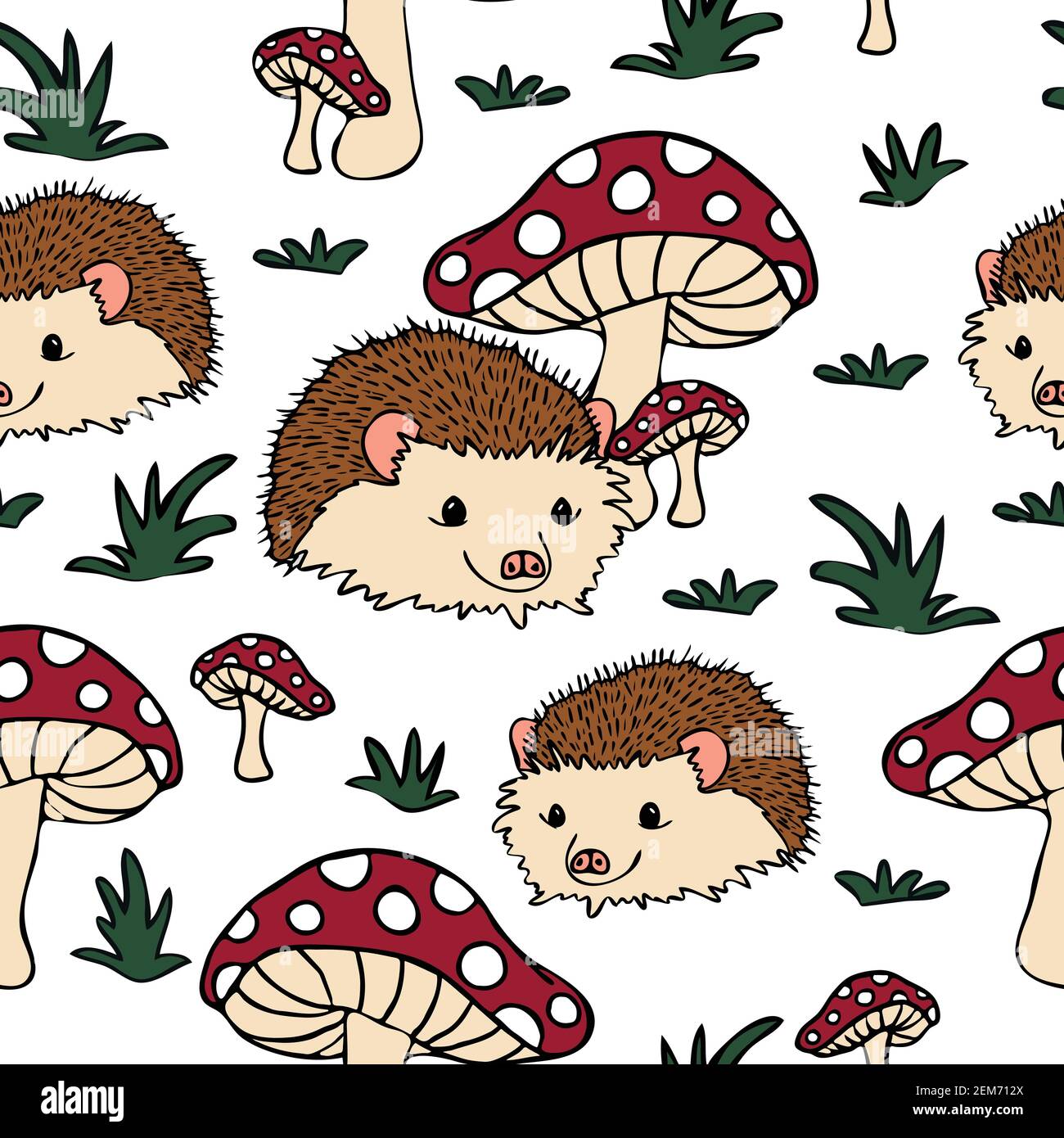 Seamless vector pattern with hedgehogs and mushrooms on white background. Perfect for kids apparel, fabric, textile and nursery decoration. Stock Vector