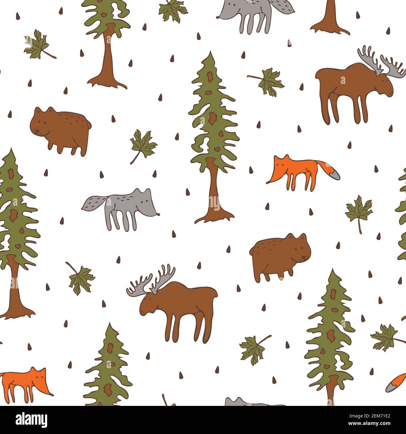 Seamless vector pattern with forest animals on white background. Wildlife landscape wallpaper design for kids. Fashion textile with hand drawn animal. Stock Vector
