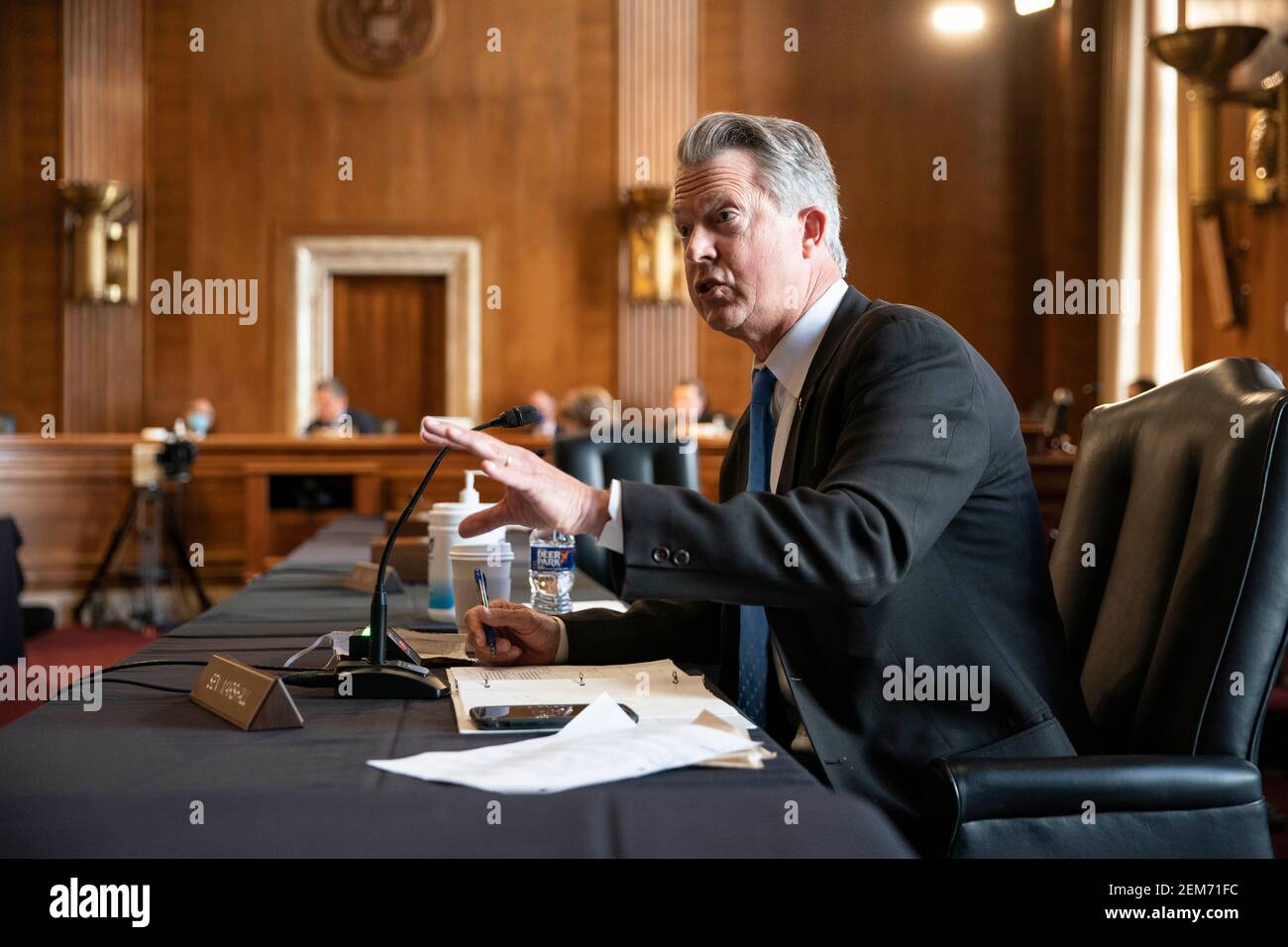 United States Senator Roger Marshall (Republican of Kansas), speaks during a Senate Energy and Natural Resources Committee confirmation hearing for Representative Deb Haaland, a Democrat from New Mexico and secretary of the interior nominee for U.S. President Joe Biden, in Washington, DC, U.S., on Wednesday, Feb. 24, 2021. Haaland downplayed her past opposition to fracking during a heated hearing yesterday as she sought to reassure senators worried she would clamp down on fossil fuel development. Credit: Sarah Silbiger/Pool via CNP | usage worldwide Stock Photo