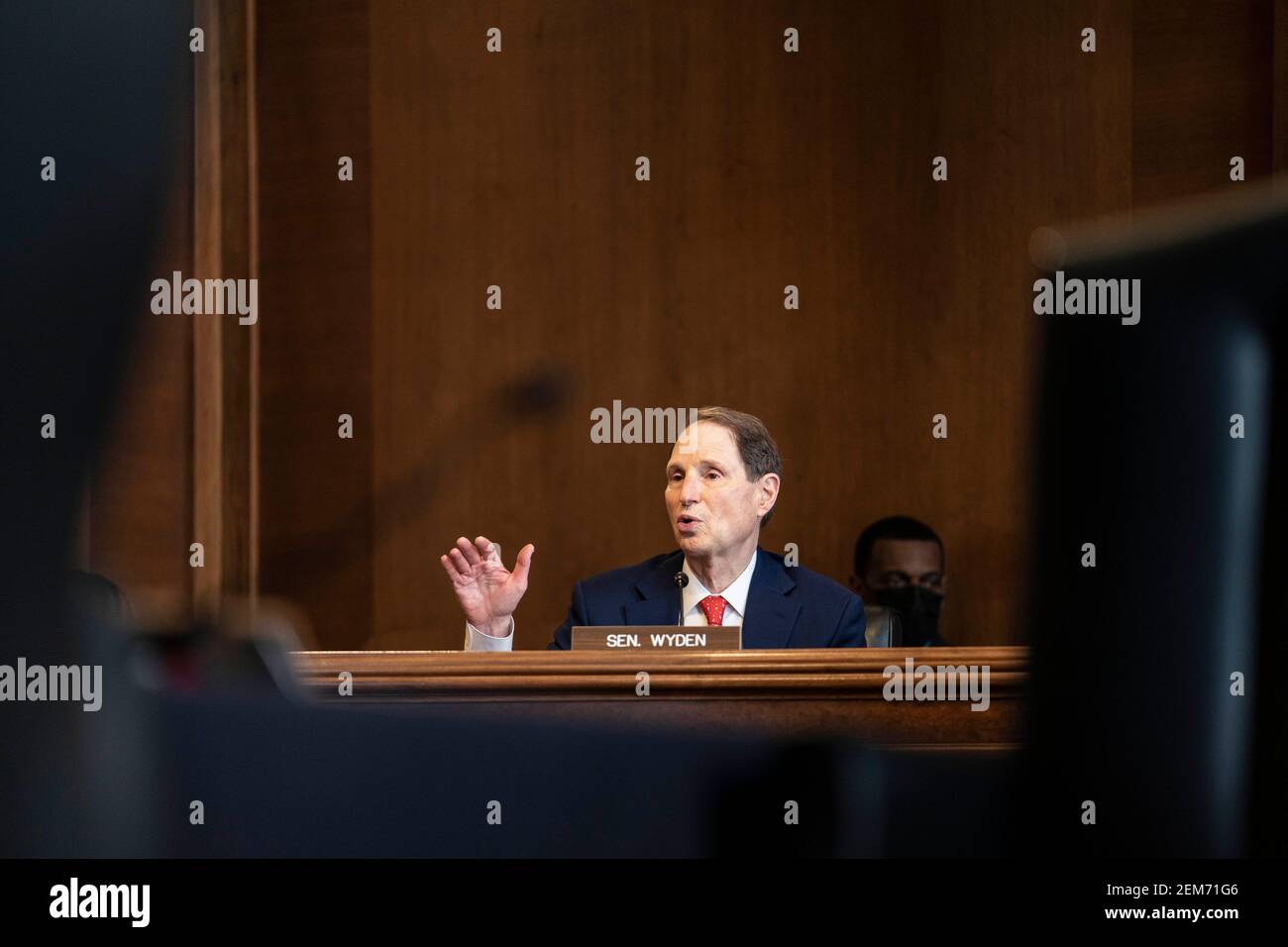United States Senator Ron Wyden (Democrat of Oregon), speaks during a Senate Energy and Natural Resources Committee confirmation hearing for Representative Deb Haaland, a Democrat from New Mexico and secretary of the interior nominee for U.S. President Joe Biden, in Washington, DC, U.S., on Wednesday, Feb. 24, 2021. Haaland downplayed her past opposition to fracking during a heated hearing yesterday as she sought to reassure senators worried she would clamp down on fossil fuel development. Credit: Sarah Silbiger/Pool via CNP | usage worldwide Stock Photo