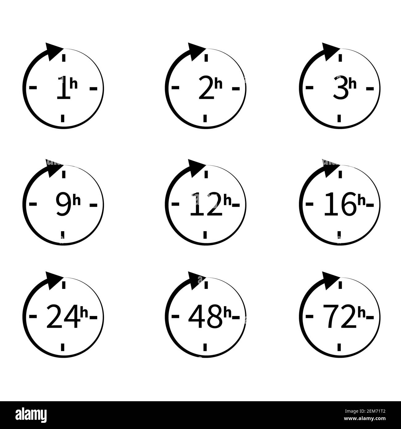 set of delivery service time icons on white background. flat style. clock arrow 1, 3, 6, 9, 12, 16, 24, 48, 72 hours icon for your web site design, lo Stock Photo