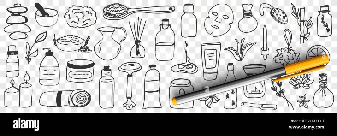 Beauty treatments and cosmetics doodle set. Collection of hand drawn massage oils scrubs masks brush creams towel candles perfume cosmetics for skin and body care isolated on transparent background Stock Vector