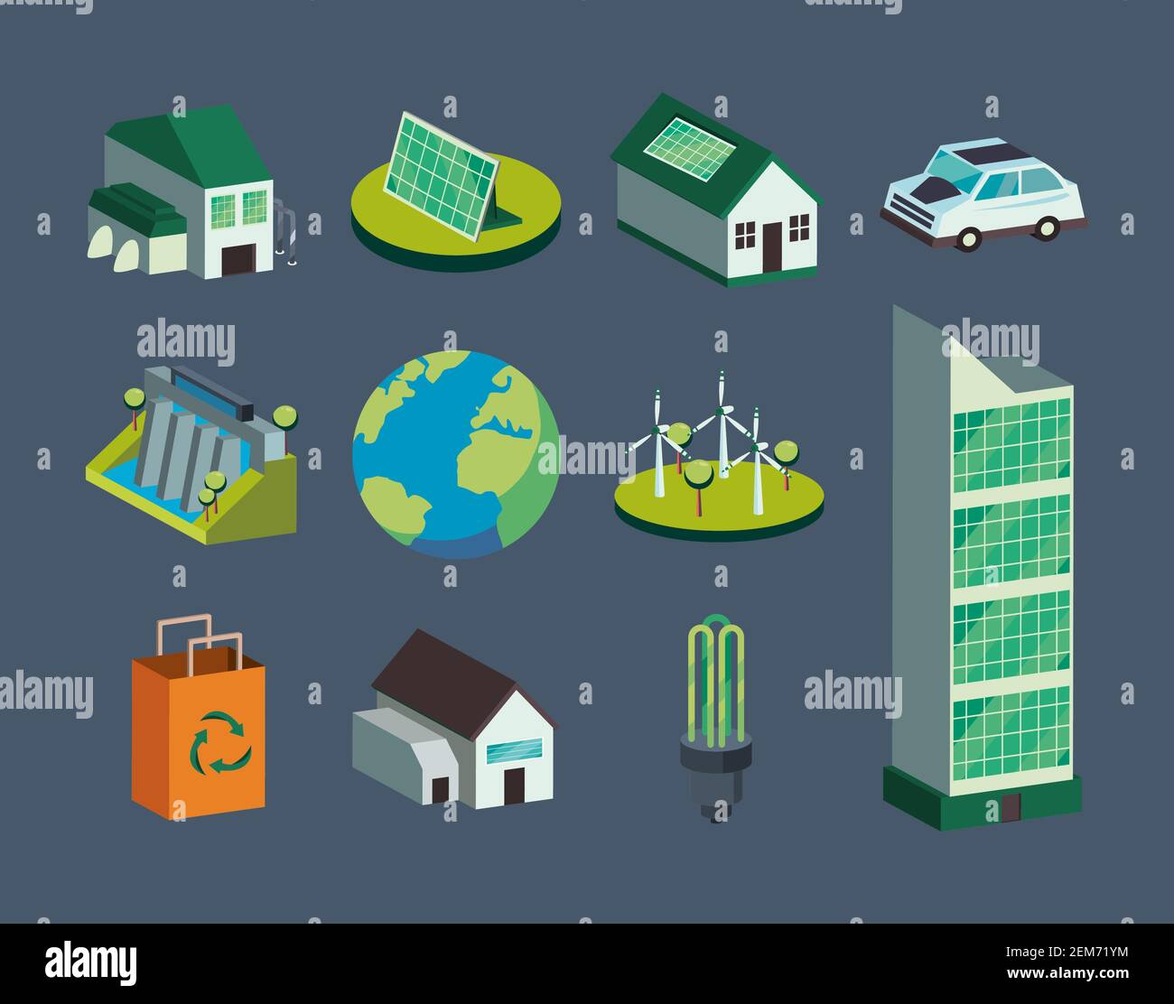 Ecological set of icons isometric design, Save energy power eco ...
