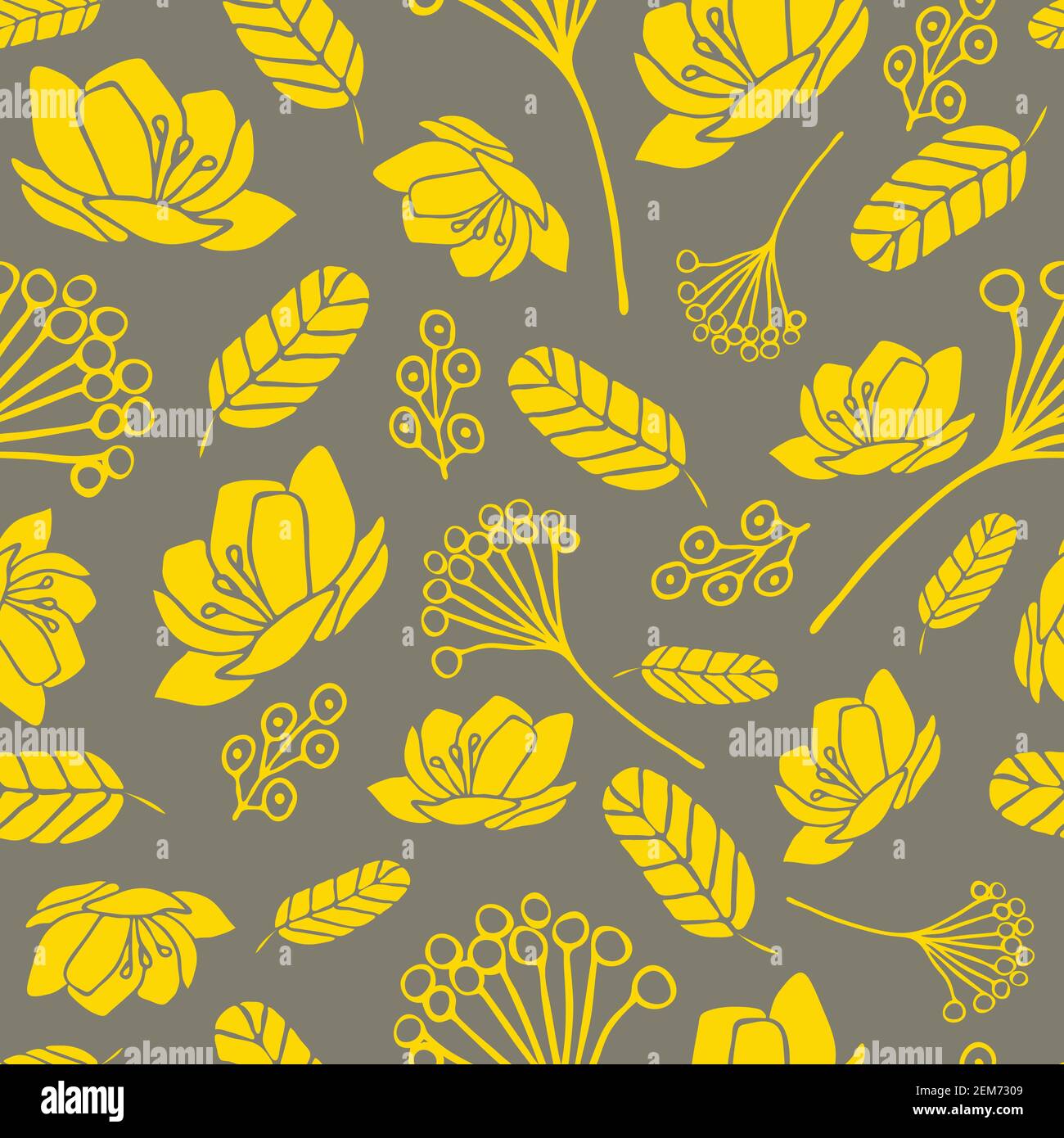 Seamless vector pattern with yellow flowers on grey background. Bright ...