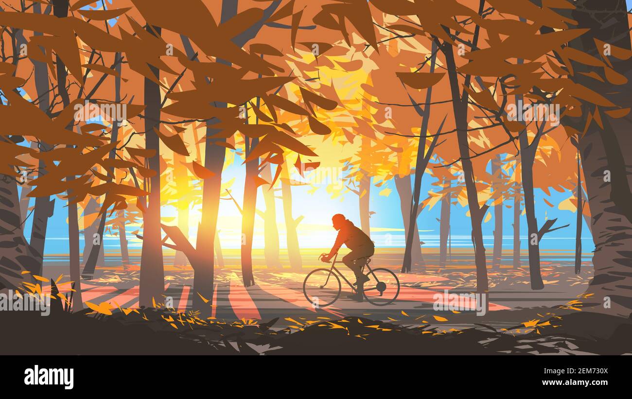 man riding a bicycle in the autumn forest park in the sunny morning, vector illustration Stock Vector