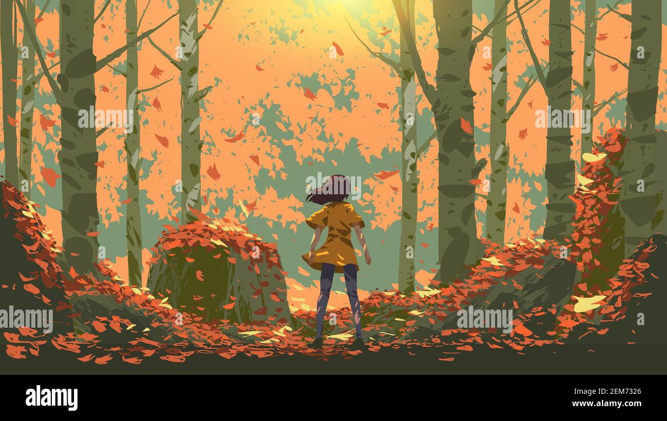 young girl standing in the autumn forest, vector illustration Stock Vector