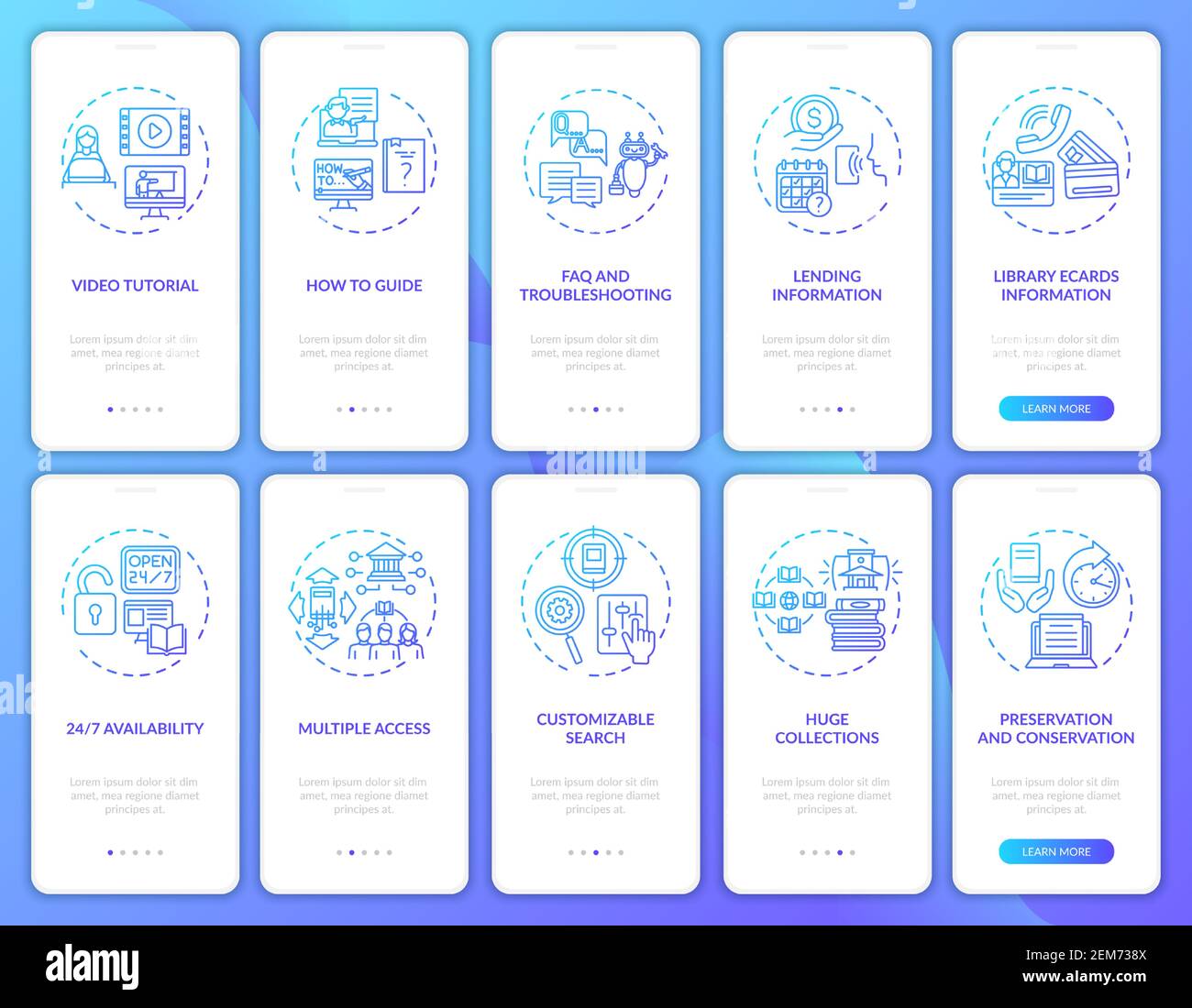 Online library onboarding mobile app page screen with concepts Stock Vector