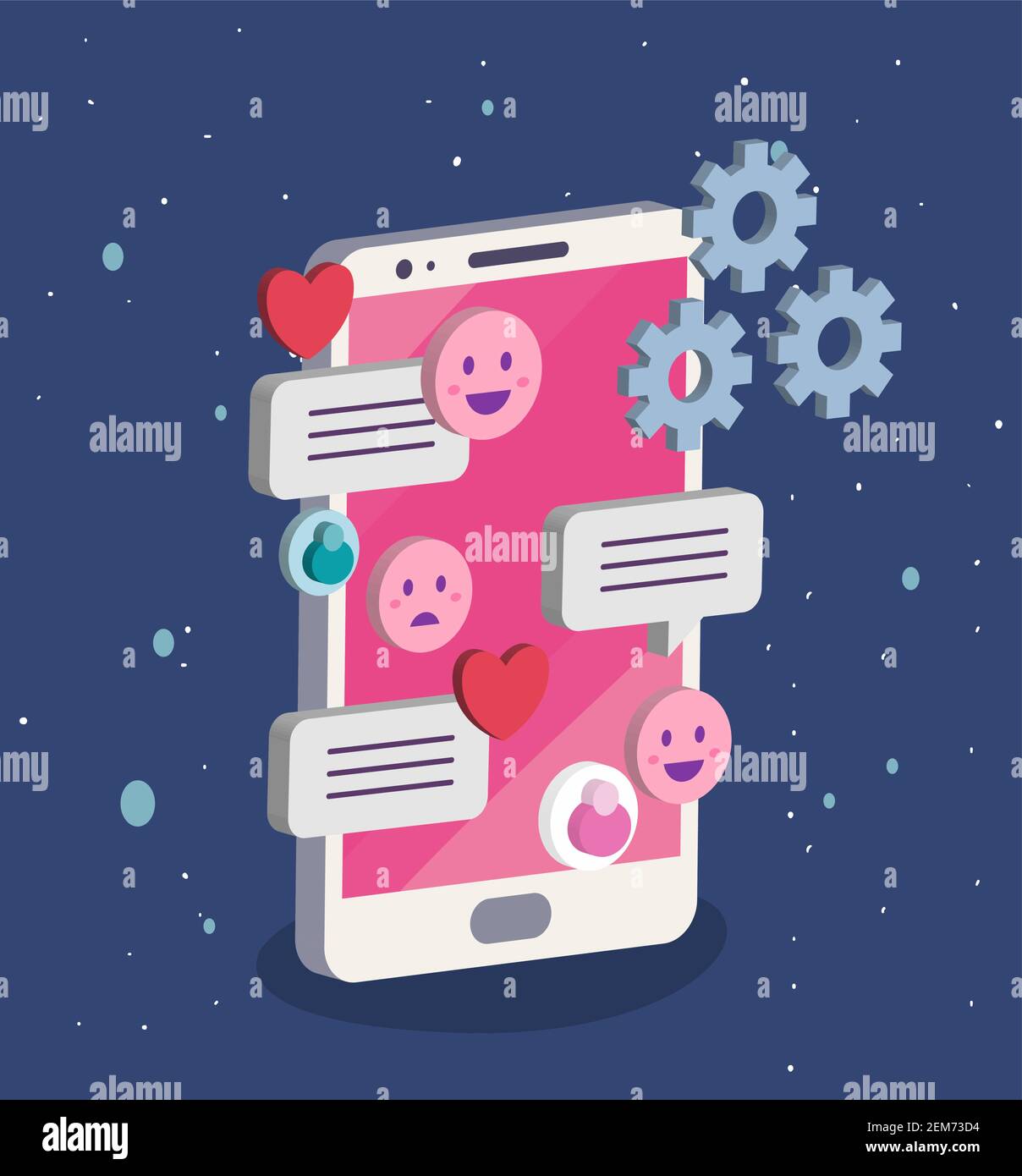 isometric smartphone with social media bubbles emojis and gears design