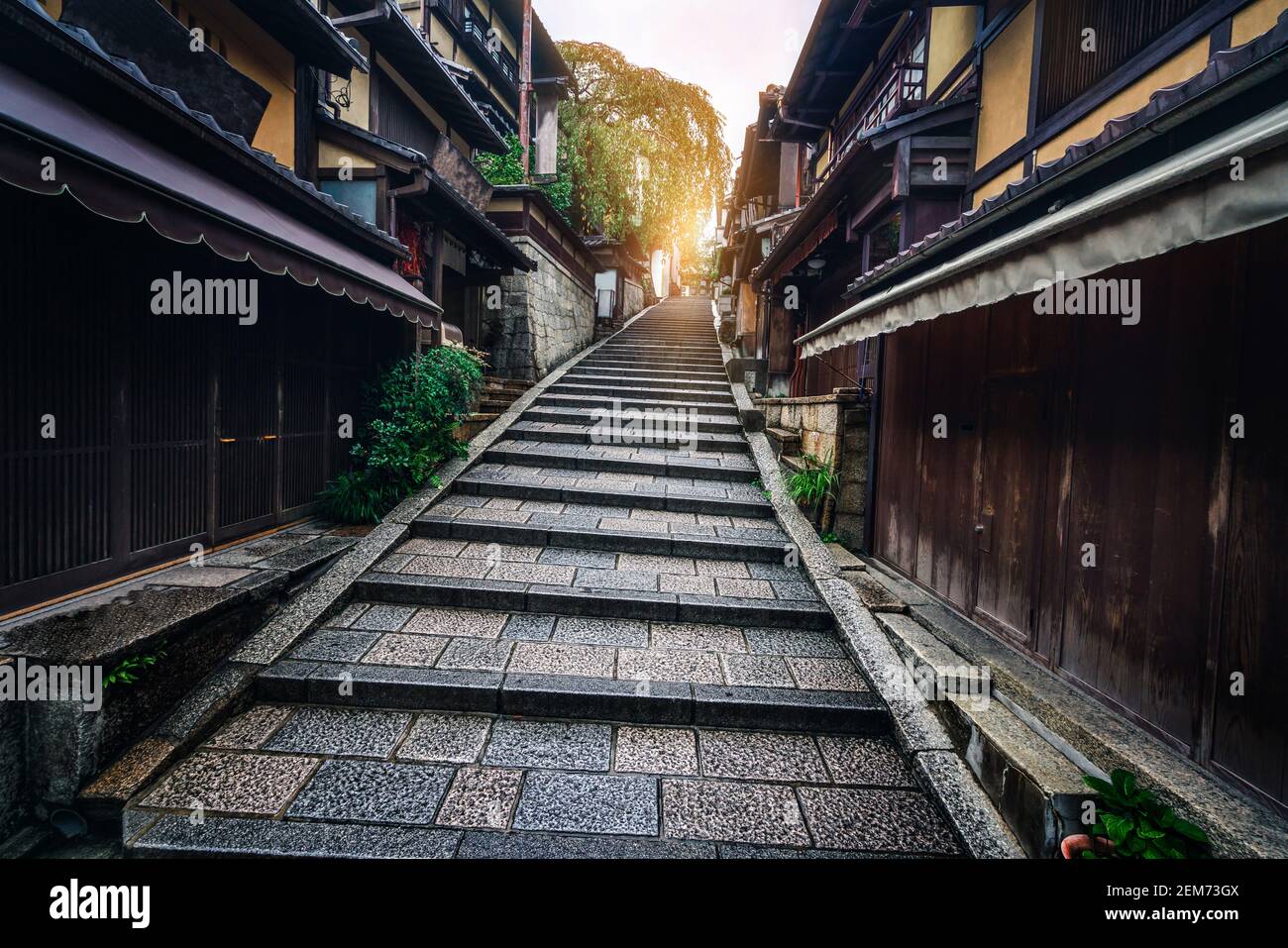Beautiful street in old town of Higashiyama district, Kyoto City, Japan. The Higashiyama District is preserved historic districts. It is a great place Stock Photo