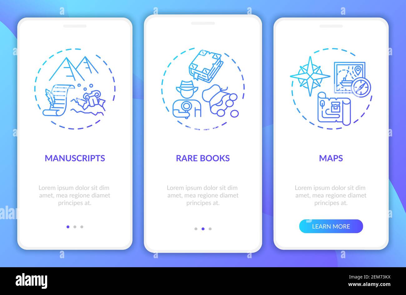 Archive collections onboarding mobile app page screen with concepts Stock Vector