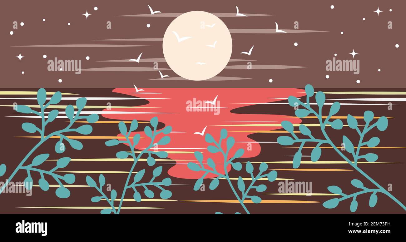Night landscape with full moon and stars in sky with sea view Stock ...