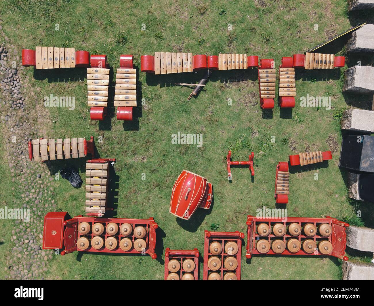 Aerial top view of Gamelan, traditional javanese and balinese music instuments. Stock Photo