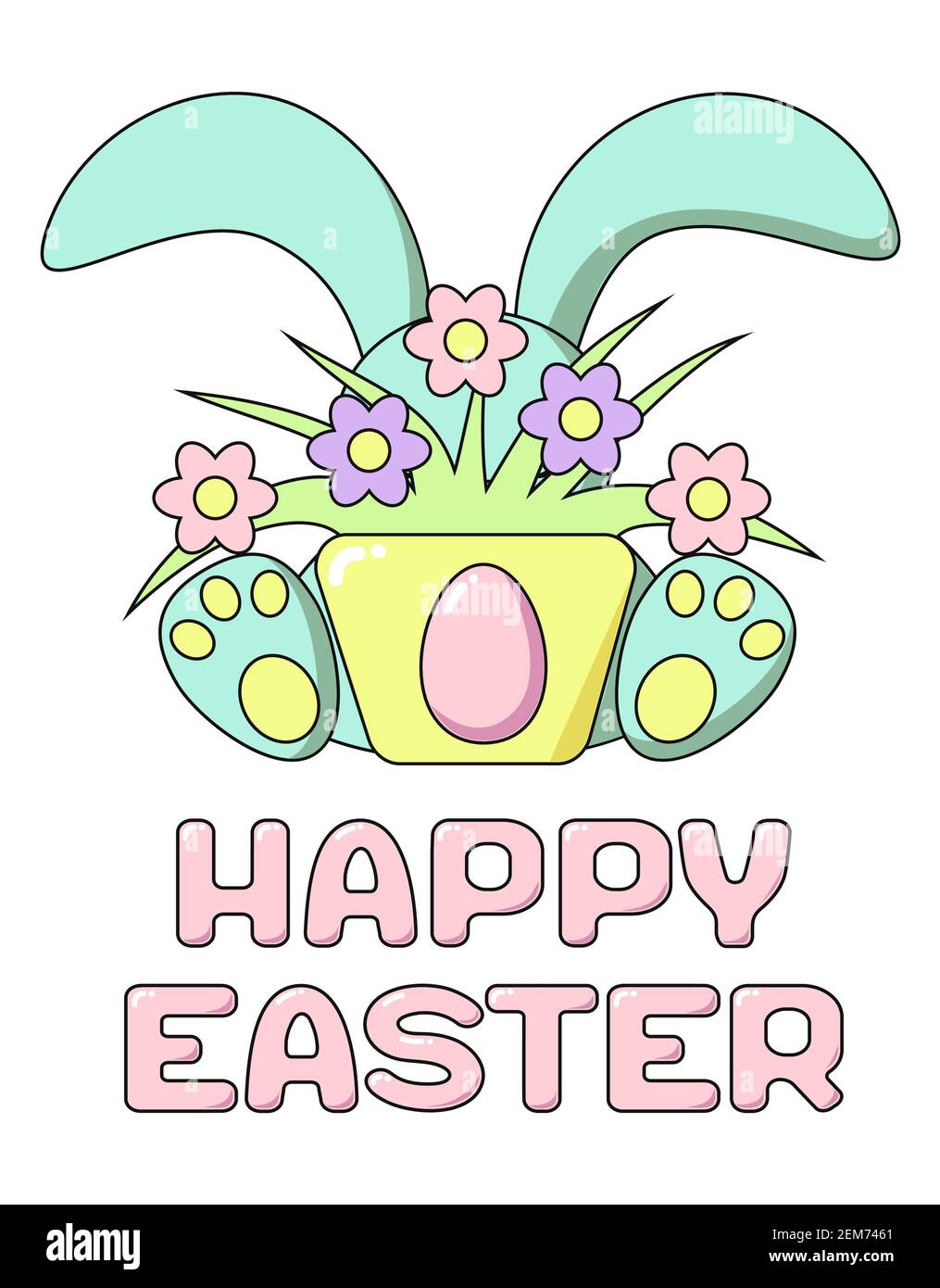 Happy Easter cute rabbit hid behind a pot of flowers and Easter eggs in cartoon style. Card or banner in delicate colors-pink, blue, yellow, green. Sq Stock Vector