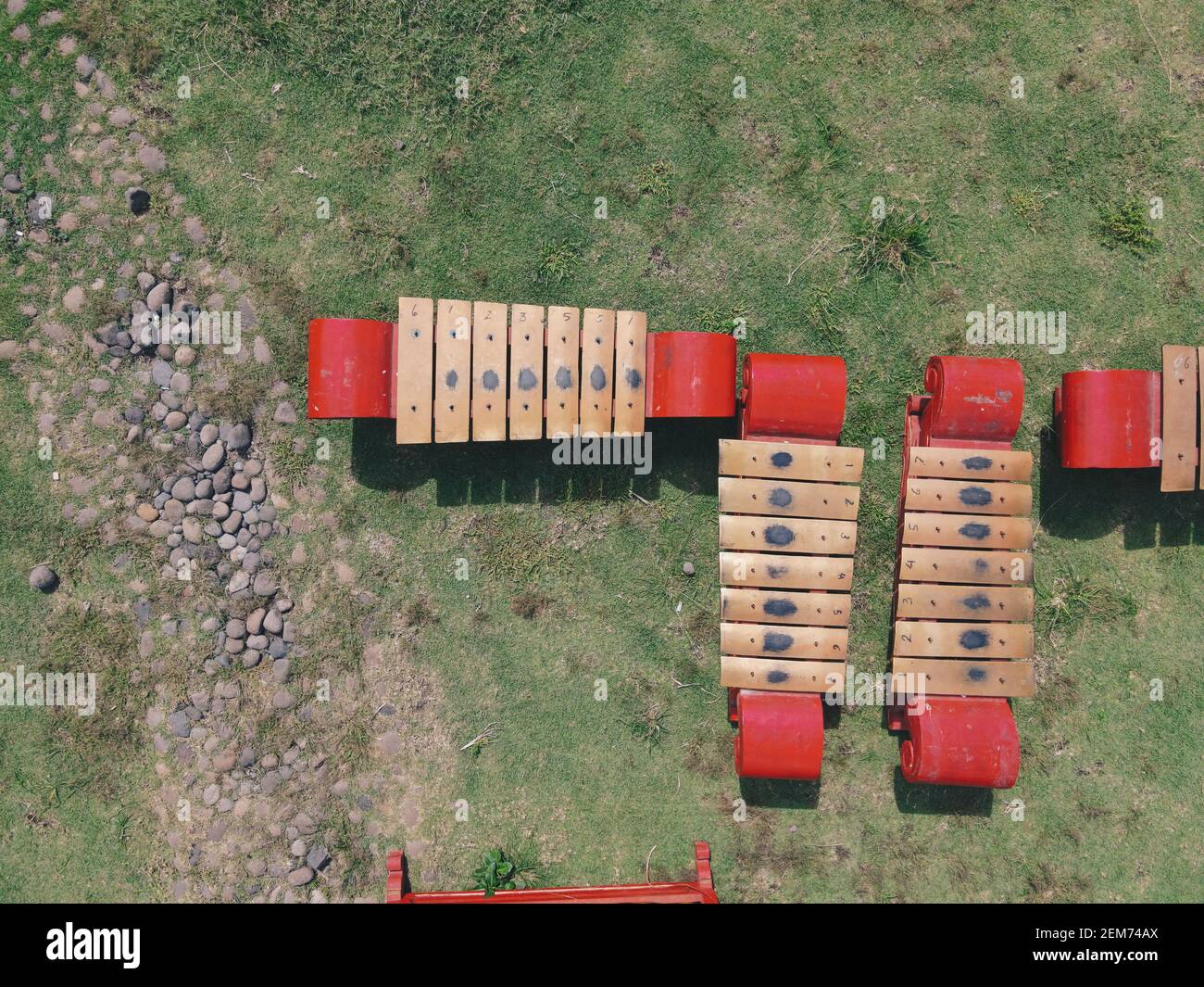 Aerial top view of Gamelan, traditional javanese and balinese music instuments. Stock Photo