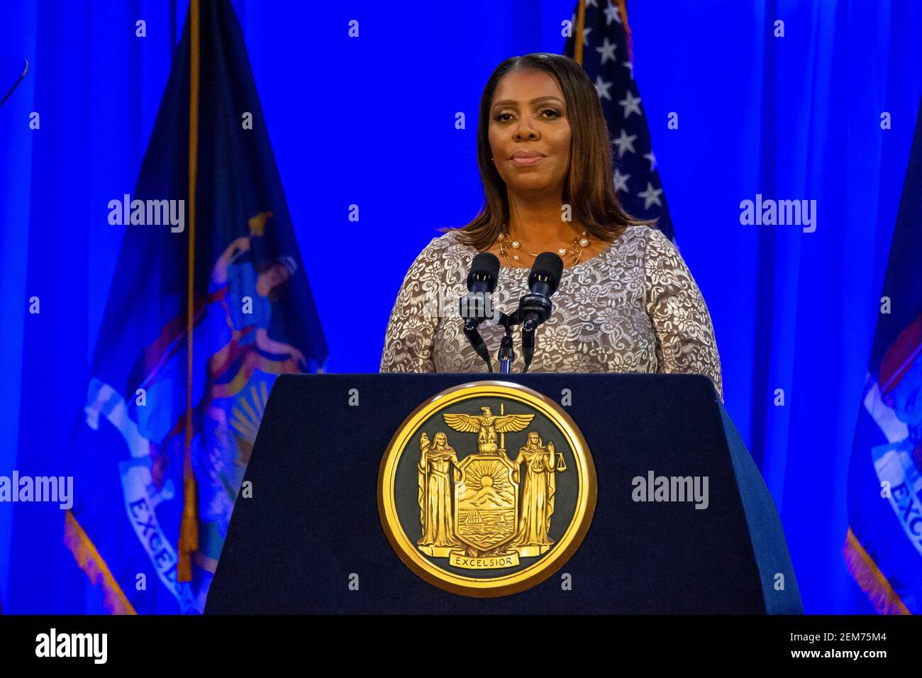 New York State Attorney General Letitia James is seen delivering an