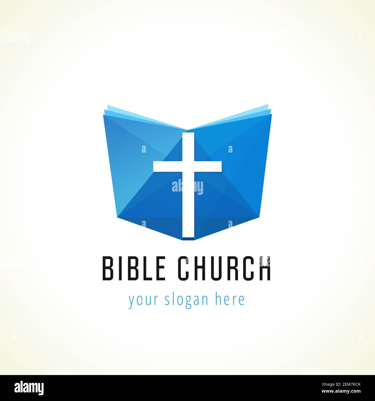 Cross and book blue logotype concept. Open book, pages. Logo idea. E-book or e-bible icon, religious symbol. Cut out brand sign. Isolated abstract gra Stock Vector