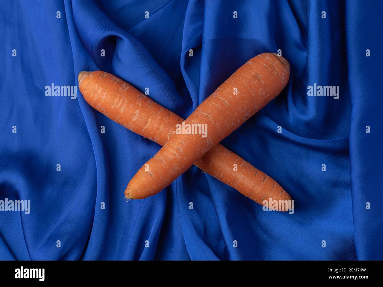 Two fresh carrots on blue background Stock Photo