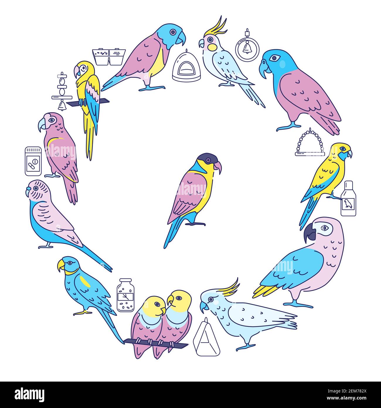 Parrots round concept banner in line style. Tropical birds and accessories symbols poster template. Vector illustration. Stock Vector