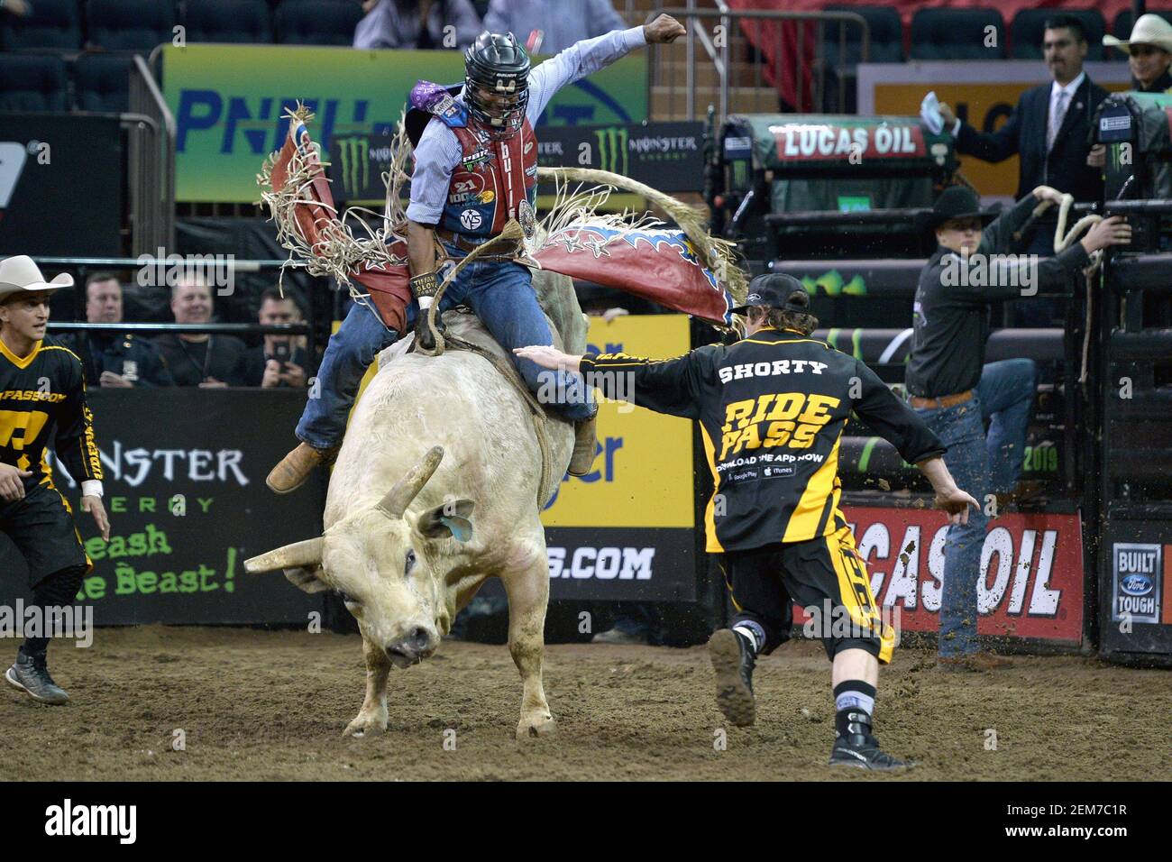 Professional bull rider Alisson de Souza from Brazil rides a bull named ...