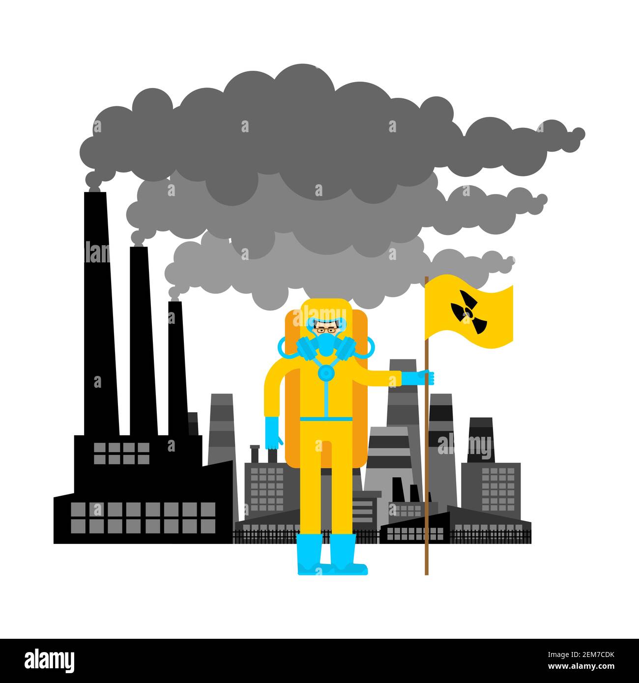 Industrial Zone. Man in protective suit and radiation flag. Radiation contamination and toxic waste Stock Vector