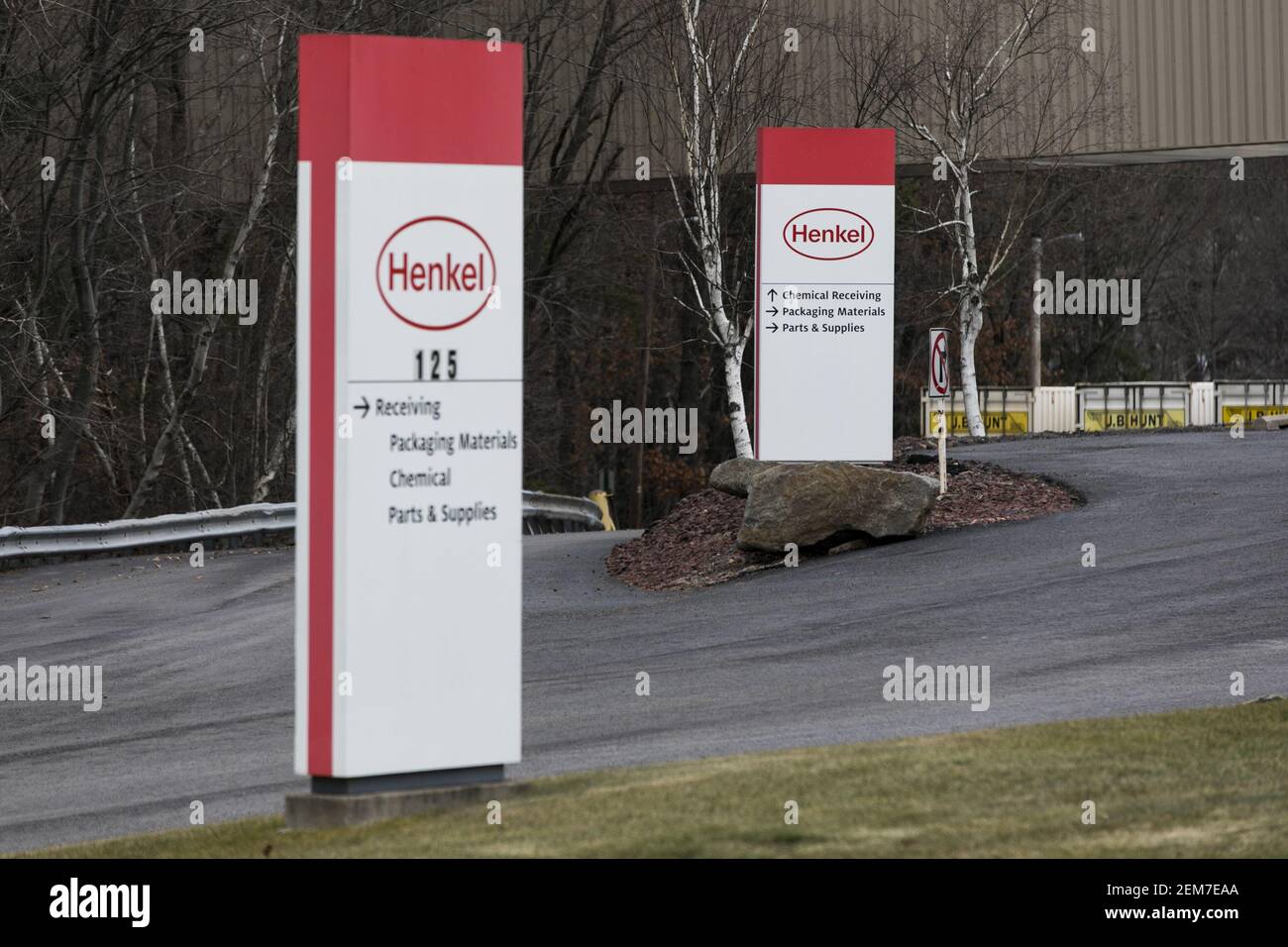A logo sign outside of a facility occupied by Henkel in Hazleton