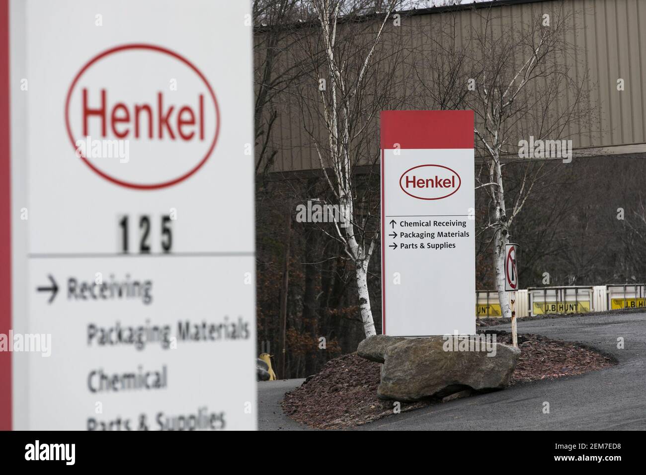 A logo sign outside of a facility occupied by Henkel in Hazleton