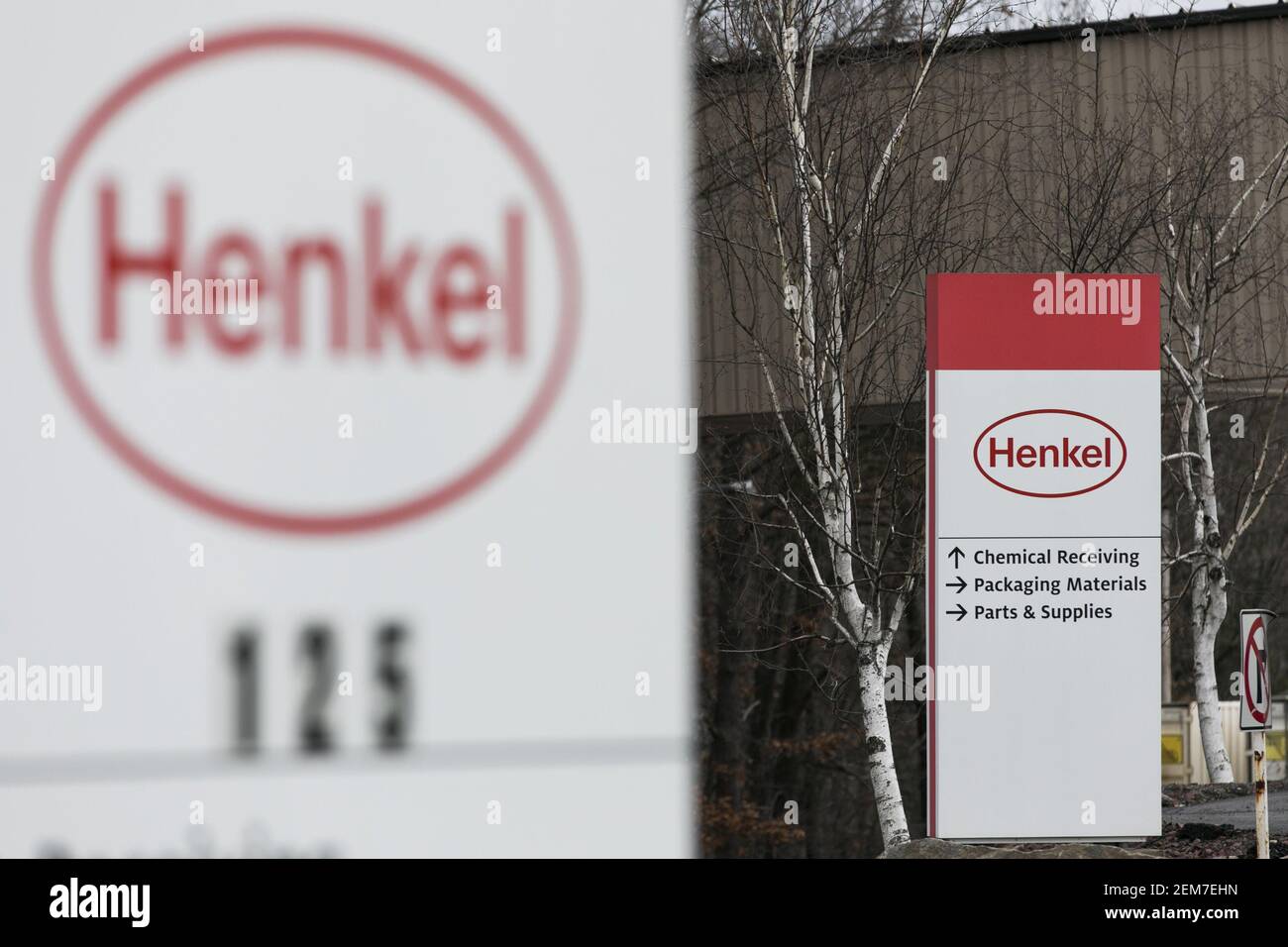 A logo sign outside of a facility occupied by Henkel in Hazleton