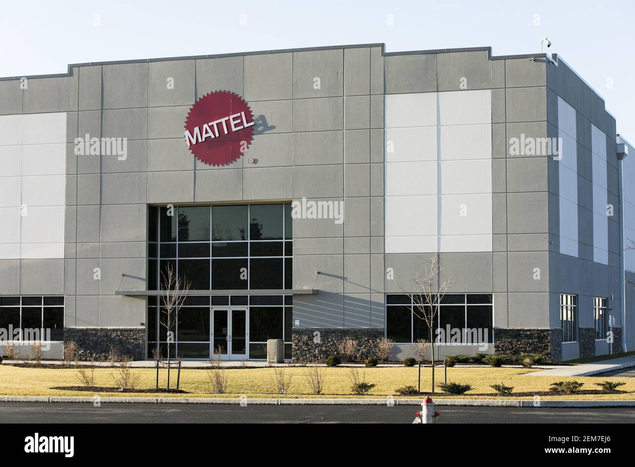A logo sign outside of a facility occupied by Mattel in Jonestown