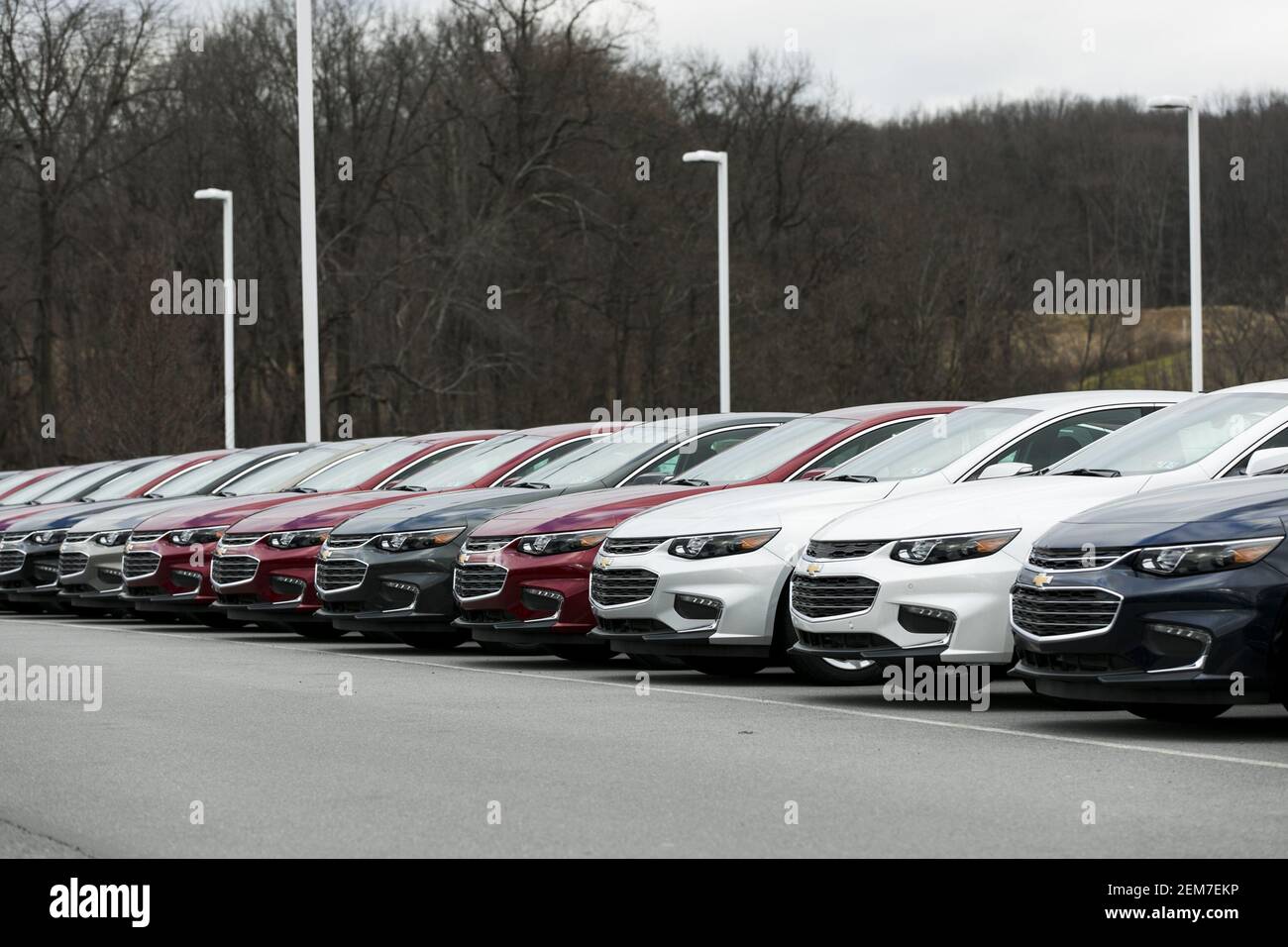 New Chevrolet (Chevy) sedan vehicles on a dealer lot in Muncy