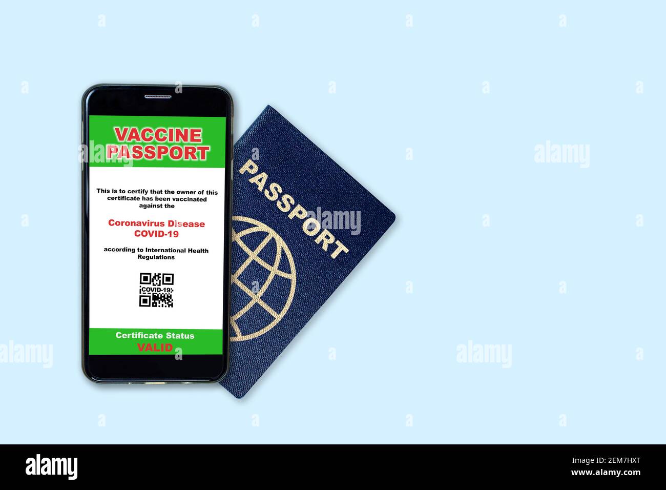 Smartphone on travel passport showing digital certificate of COVID-19 vaccination. Concept of vaccine passport in the new normal future air or land tr Stock Photo