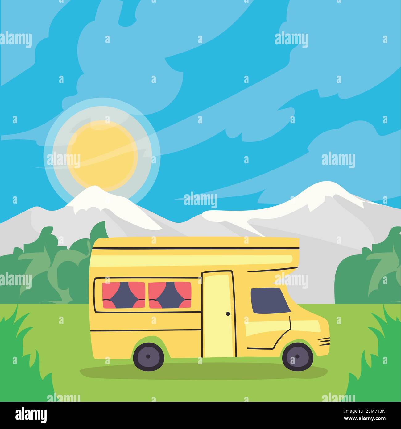 yellow camper trailer at landscape design of caravan trip camp ...