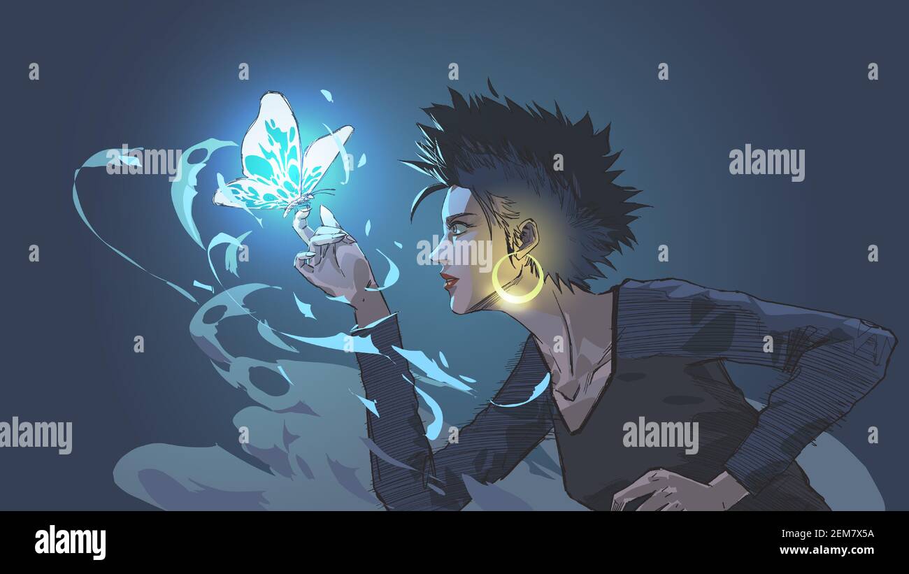 the witch summons a glowing blue butterfly with magic power, vector illustration Stock Vector
