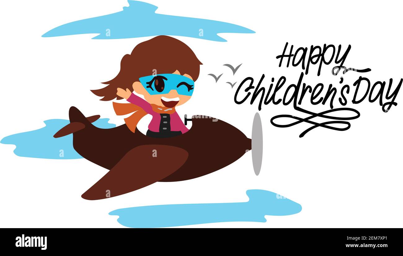 Little Girl Operating A Plane Illustration. Happy Children's Day Stock ...