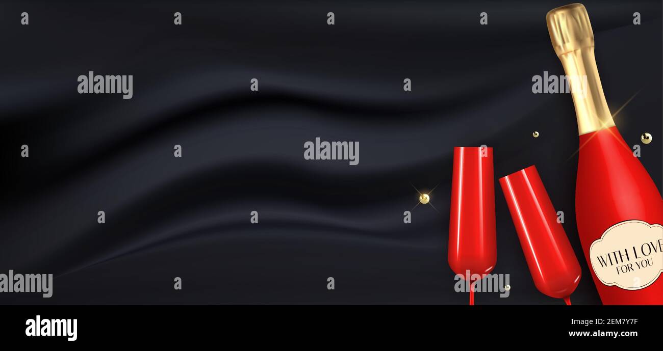 Realistic 3D champagne Red Bottle and Glasses on black silk background