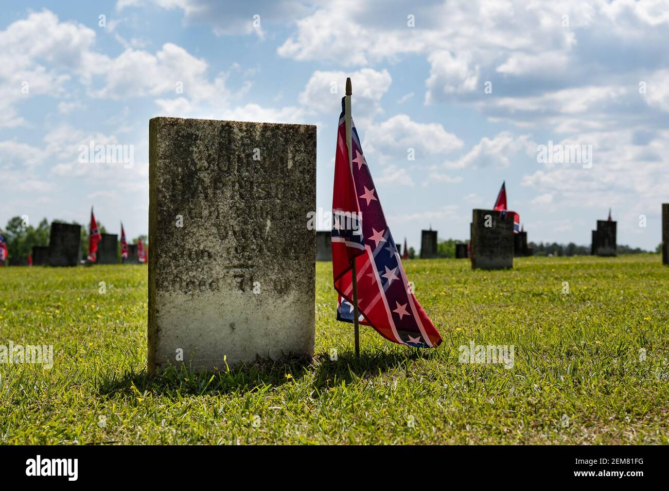 Marbury, Alabama/USA-April 28, 2018: Old gravestone of a Confederate veteran at one of the cemeteries at the Confederate Memorial Park. Stock Photo