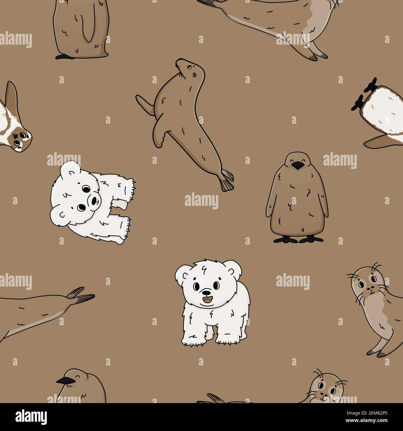 Vector seamless pattern of Penguin, king penguin chick, fur seal, polar bear cub, small Common seal. Set of isolated brown cartoon outline cute sea an Stock Vector