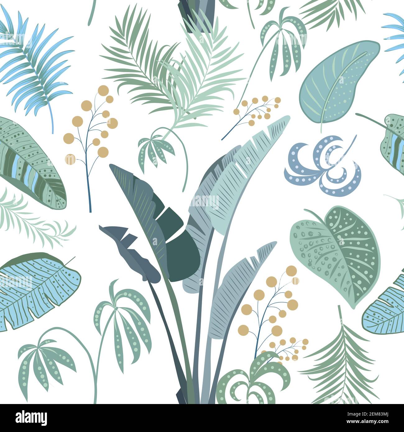 Tropical vector seamless pattern with leaves of palm tree and flowers ...