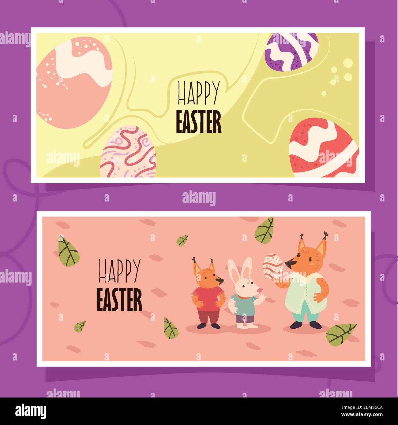 Happy easter posters on purple background Stock Vector