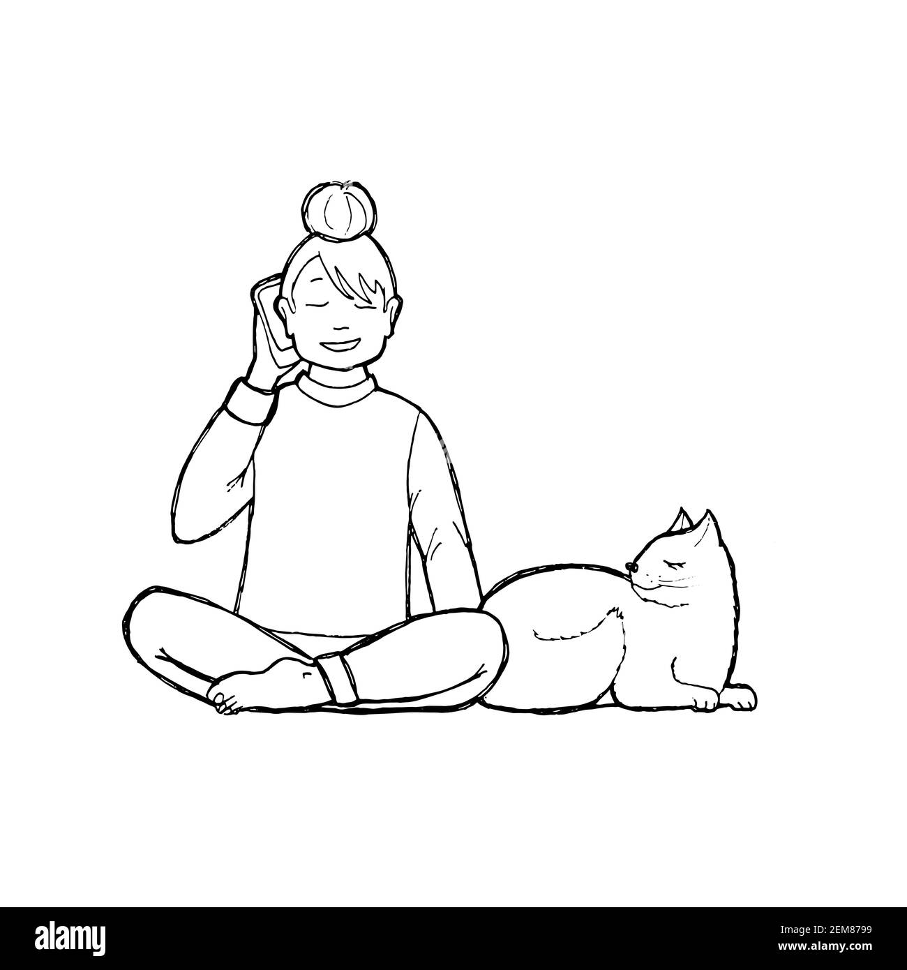 Girl working from home or remotely in house with phone and cat. Hand drawing sketch can be used in greeting cards, posters, flyers, banners, logos, web design, etc. Vector illustration. EPS10 Stock Vector